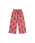 Pantalon velours EMILE ET IDA rose; grande tulipe, motifs tulipes rouges et feuilles vertes