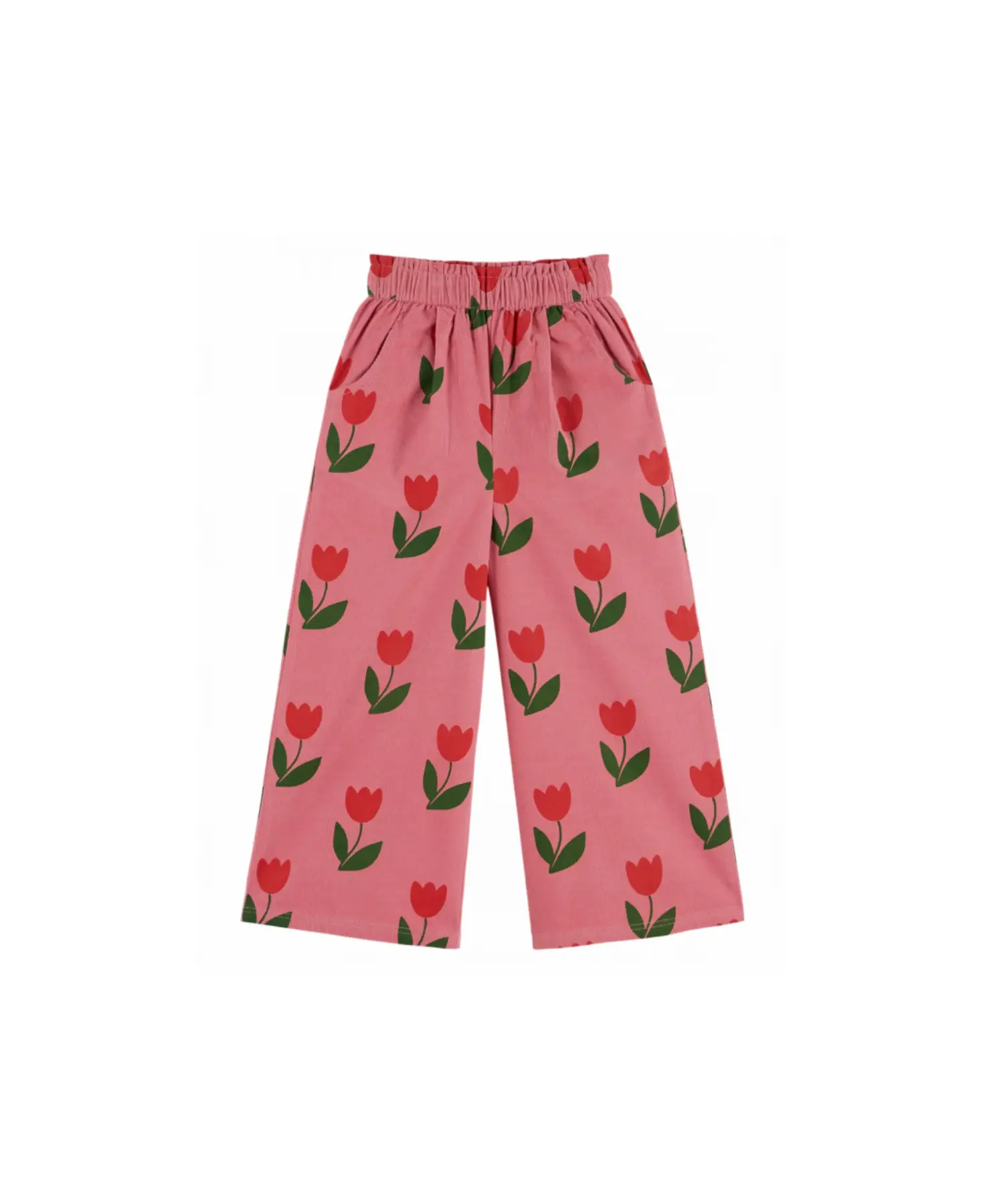 Pantalon velours EMILE ET IDA rose; grande tulipe, motifs tulipes rouges et feuilles vertes