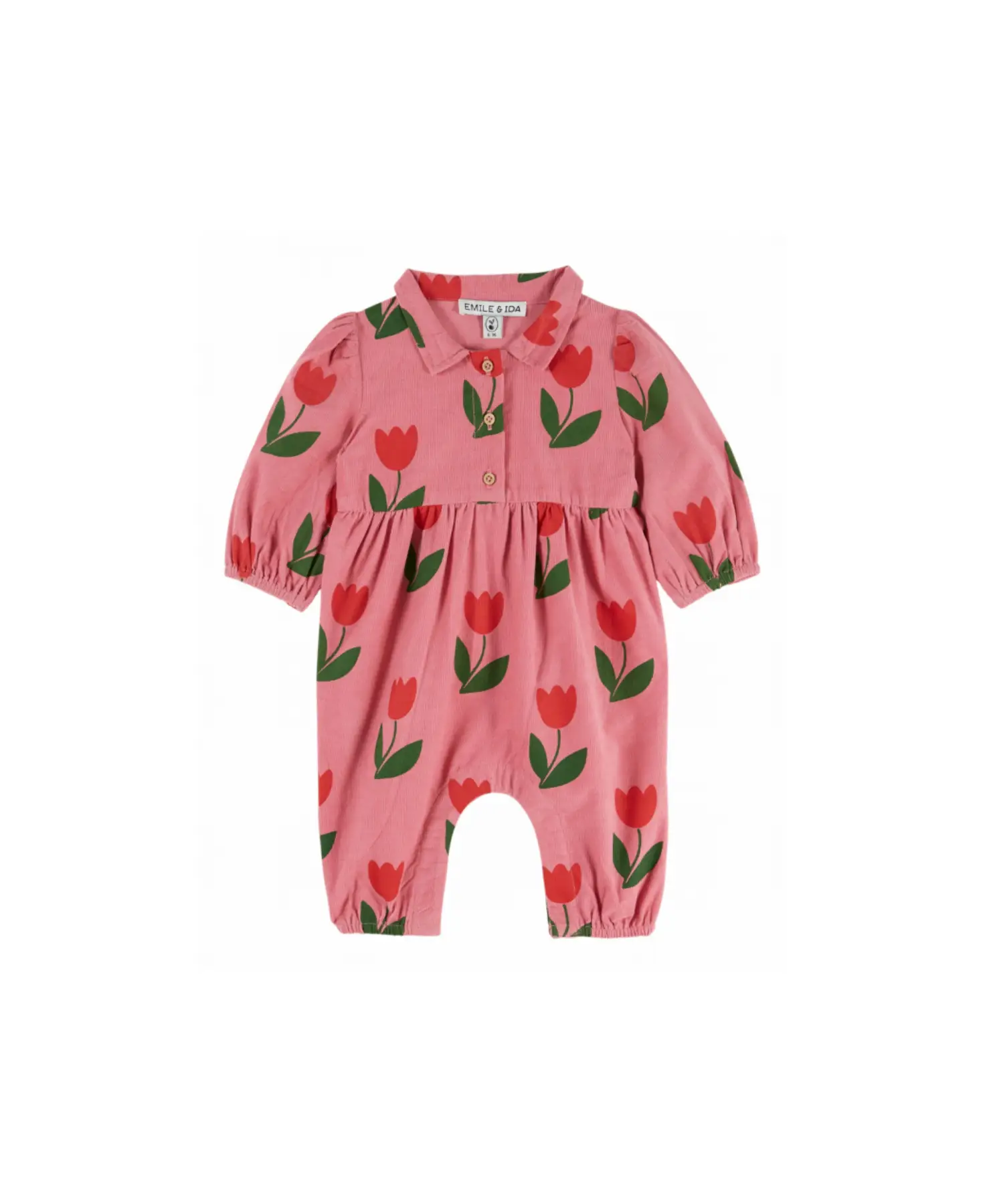 EMILE ET IDA velour romper by Citron Grenadine, pink with large red tulips print