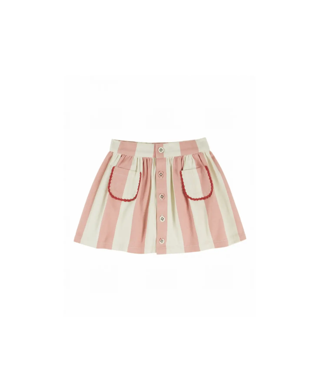 EMILE ET IDA striped skirt in pink and cream with wide stripes, front button placket and red-trim pockets