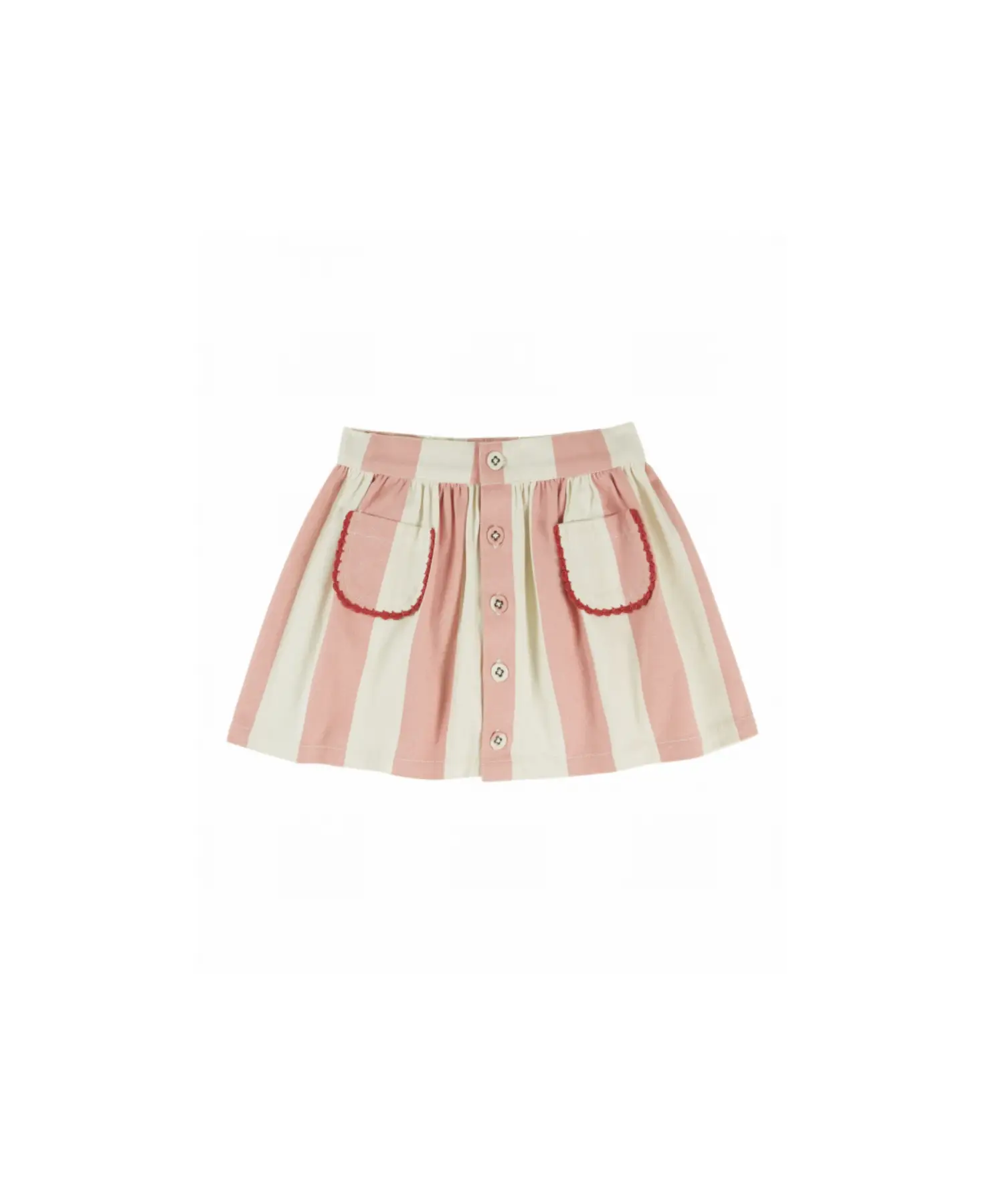 EMILE ET IDA striped skirt in pink and cream with wide stripes, front button placket and red-trim pockets