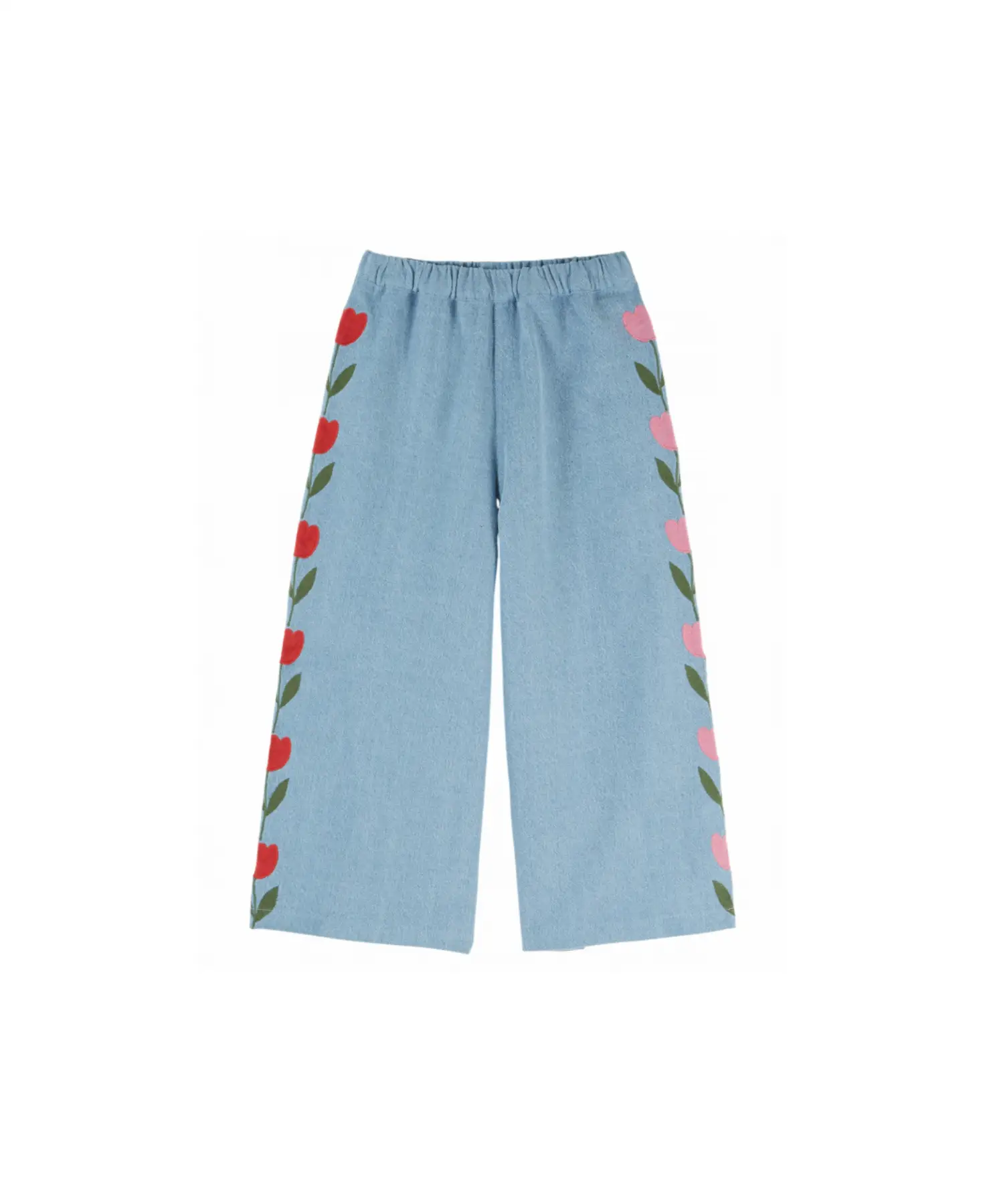 Pantalon denim brodé tulipes bleu délavé EMILE ET IDA, bas de pantalon, Citron Grenadine