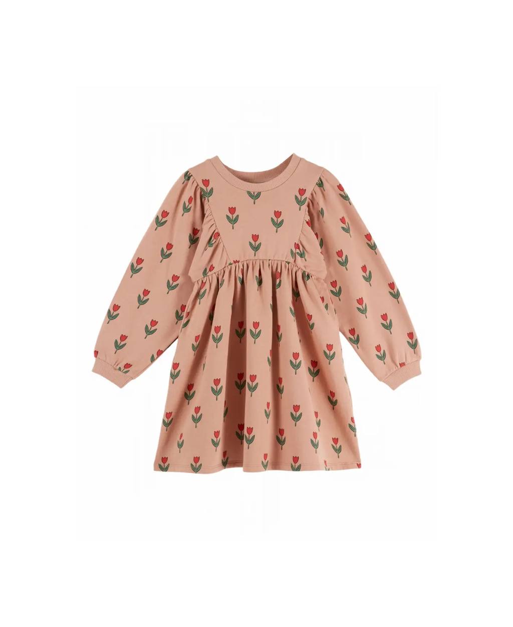 Robe molleton EMILE ET IDA Citron Grenadine rose pêche à motif tulipes rouges et feuilles vertes, manches longues