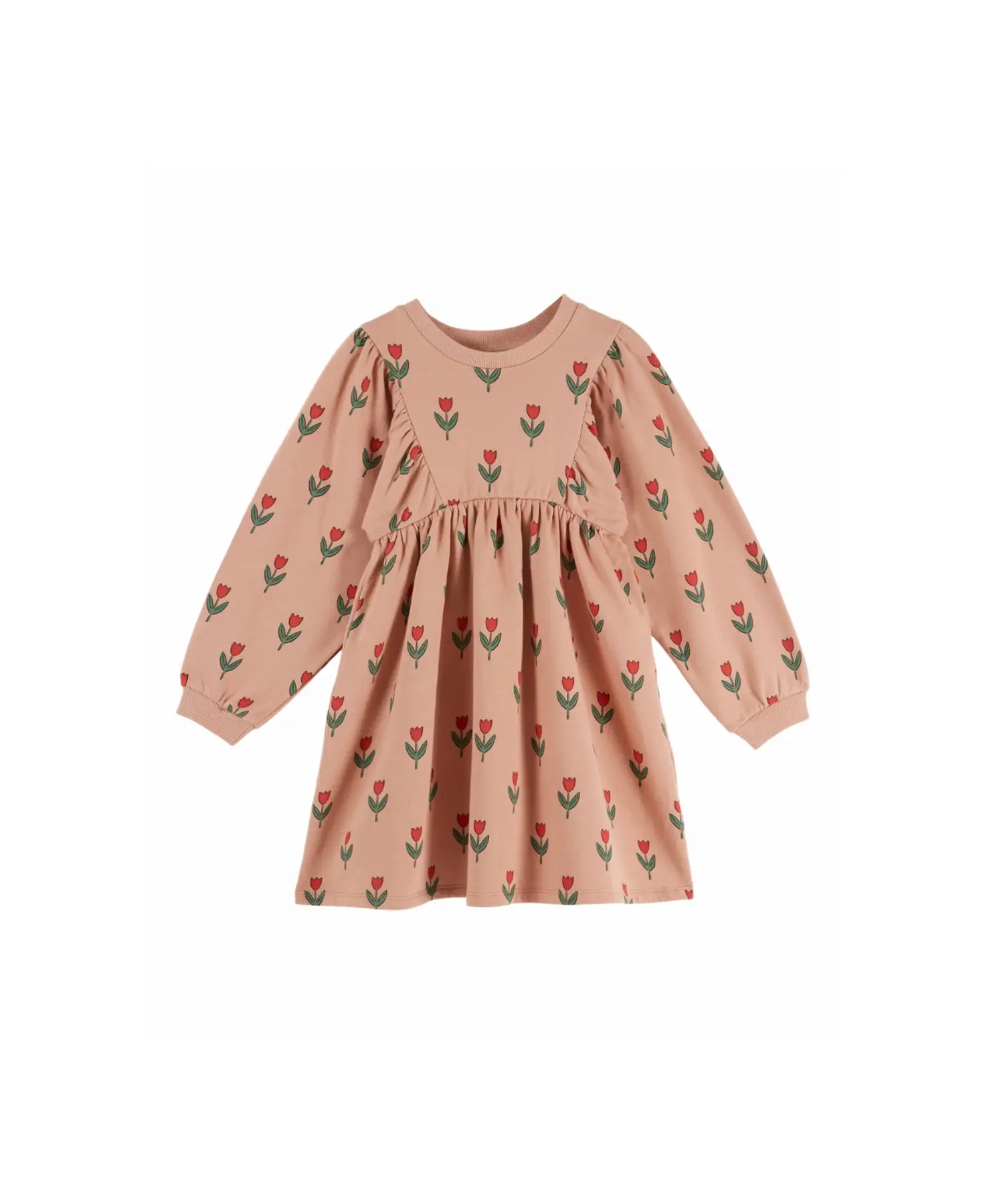 Robe molleton EMILE ET IDA Citron Grenadine rose pêche à motif tulipes rouges et feuilles vertes, manches longues