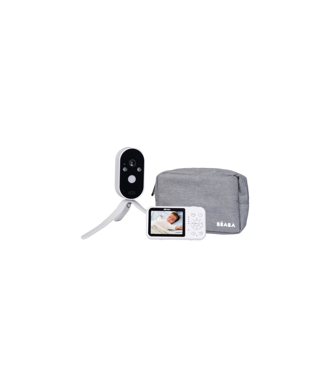 Beaba Zen Travel video baby monitor with camera on stand, handheld display, and gray carrying case