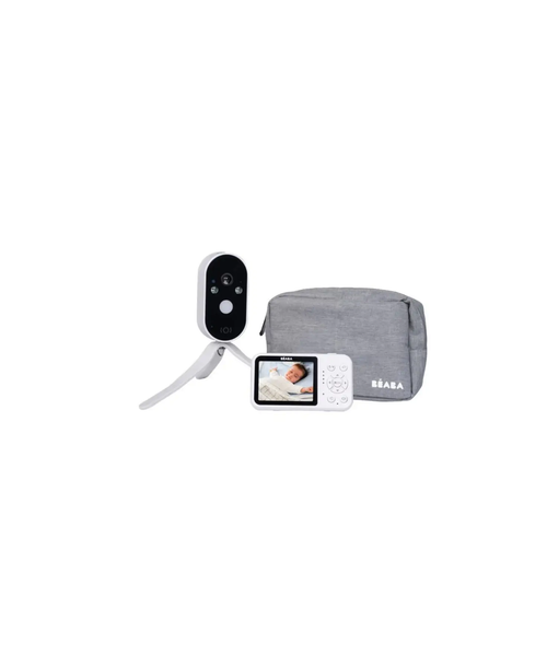 Beaba Zen Travel video baby monitor with camera on stand, handheld display, and gray carrying case