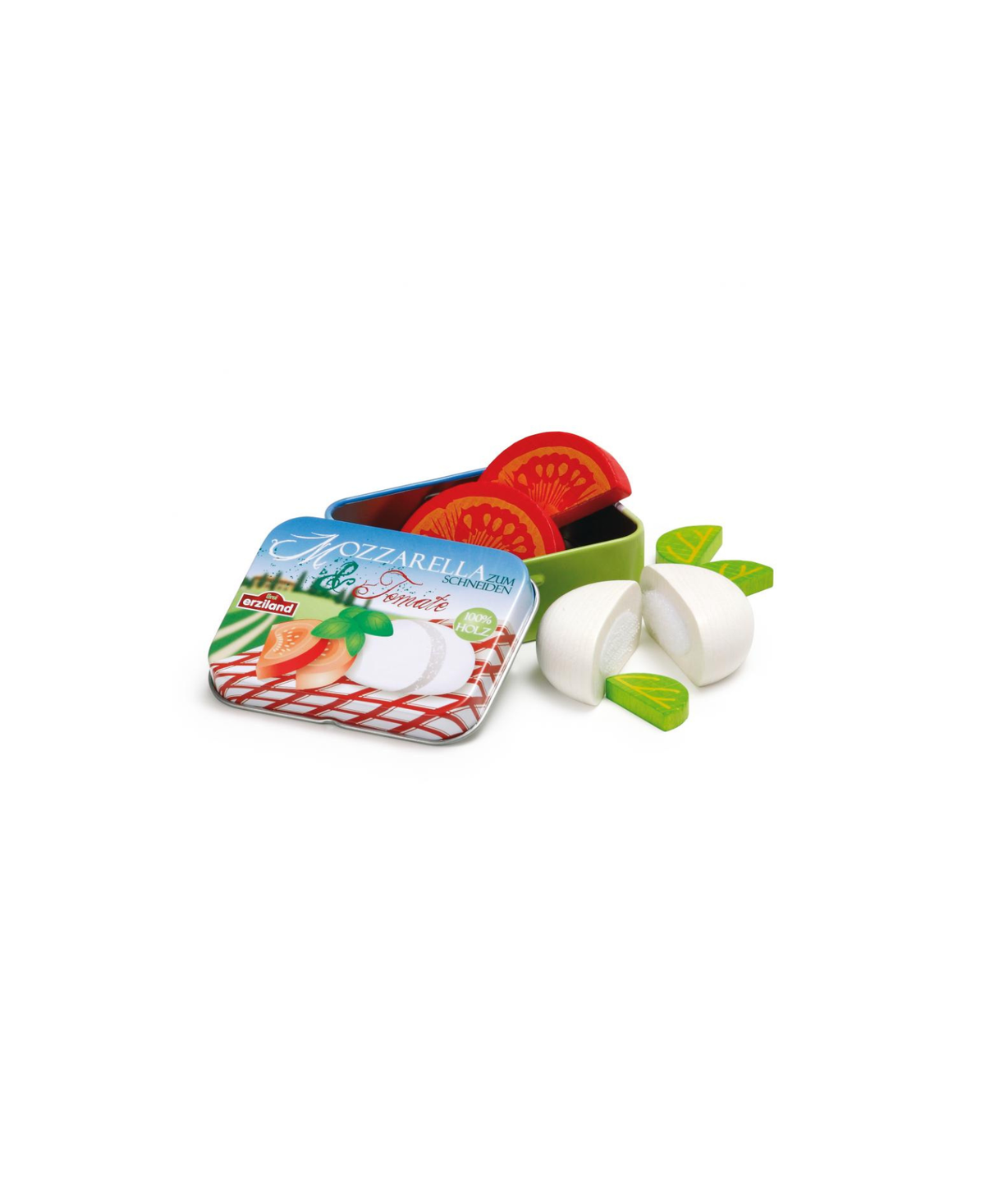 ERZI tomate mozzarella toy set in a blue tin with red tomato slices and white mozzarella pieces