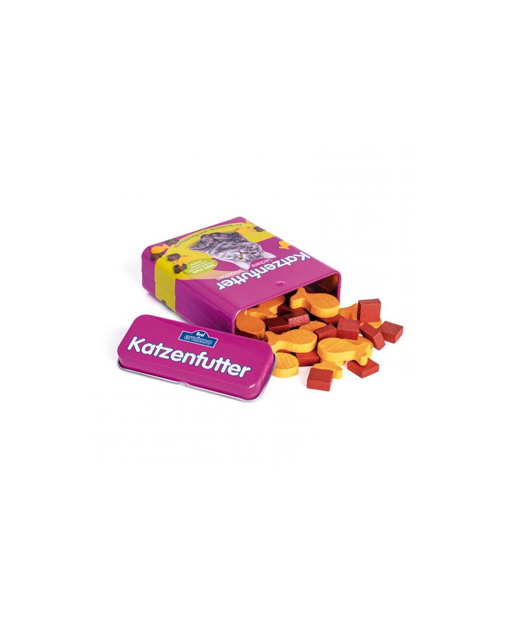 ERZI cat croquettes toy set in pink tin; orange rounds and brown cubes