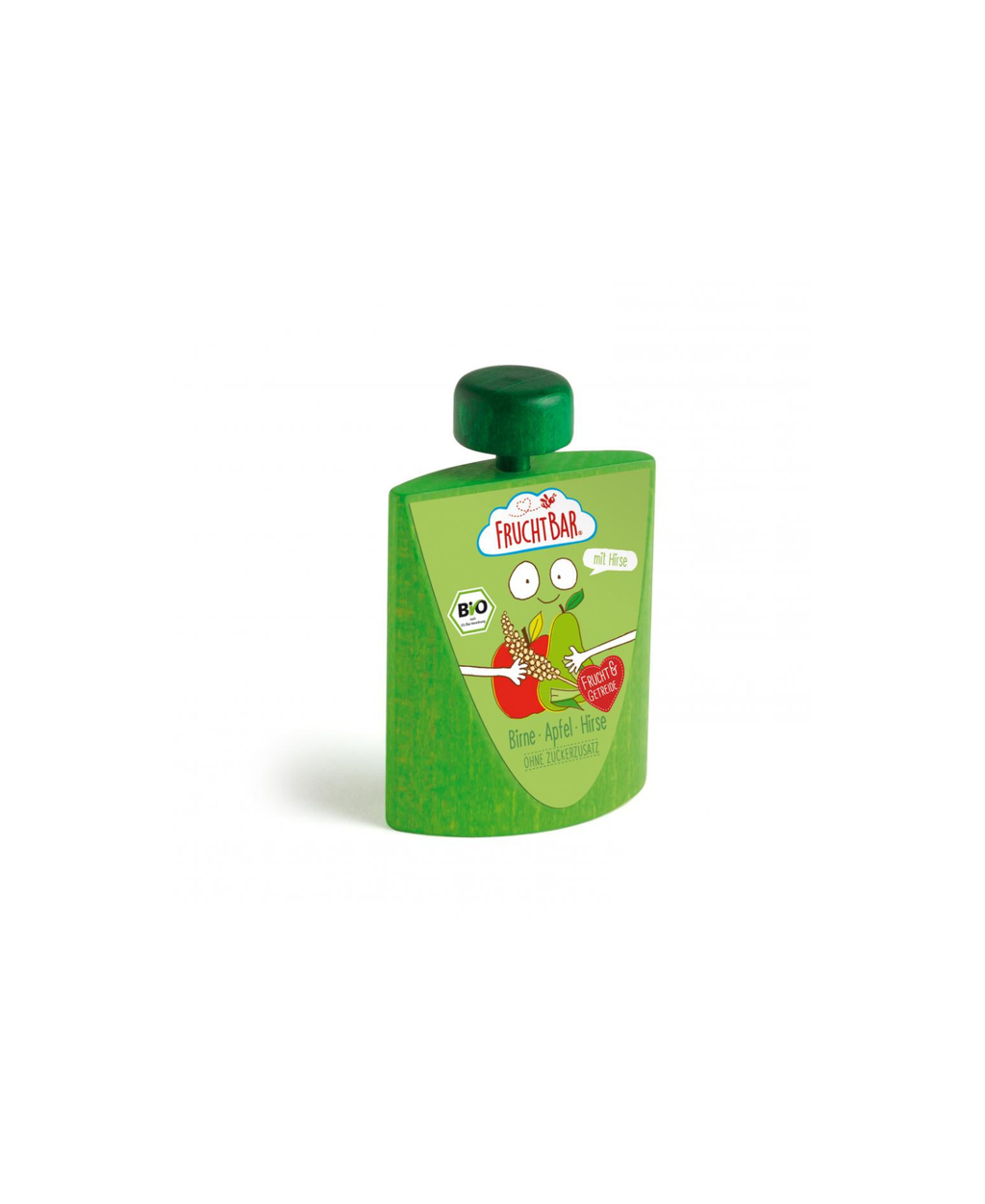 FruchtBar green toy bottle for kids; fruit label, 3+ years, imitation food