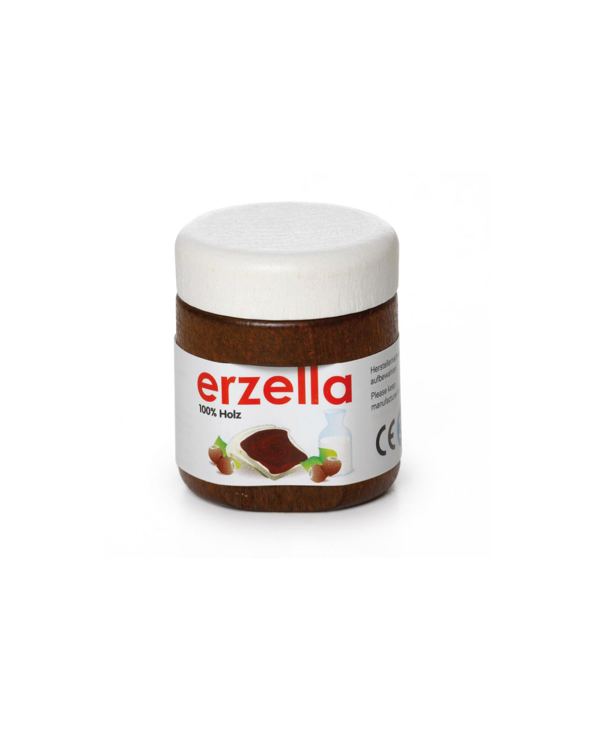 ERZI choco à tartiner toy jar, wooden brown container with white lid and Erzella label