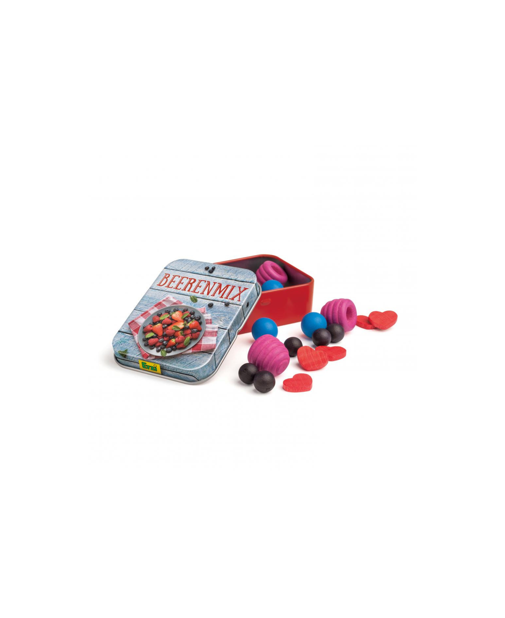 Erzi fruits rouges imitation alimentaire; tin bleu Beerenmix ouvert avec bonbons roses et cœurs rouges