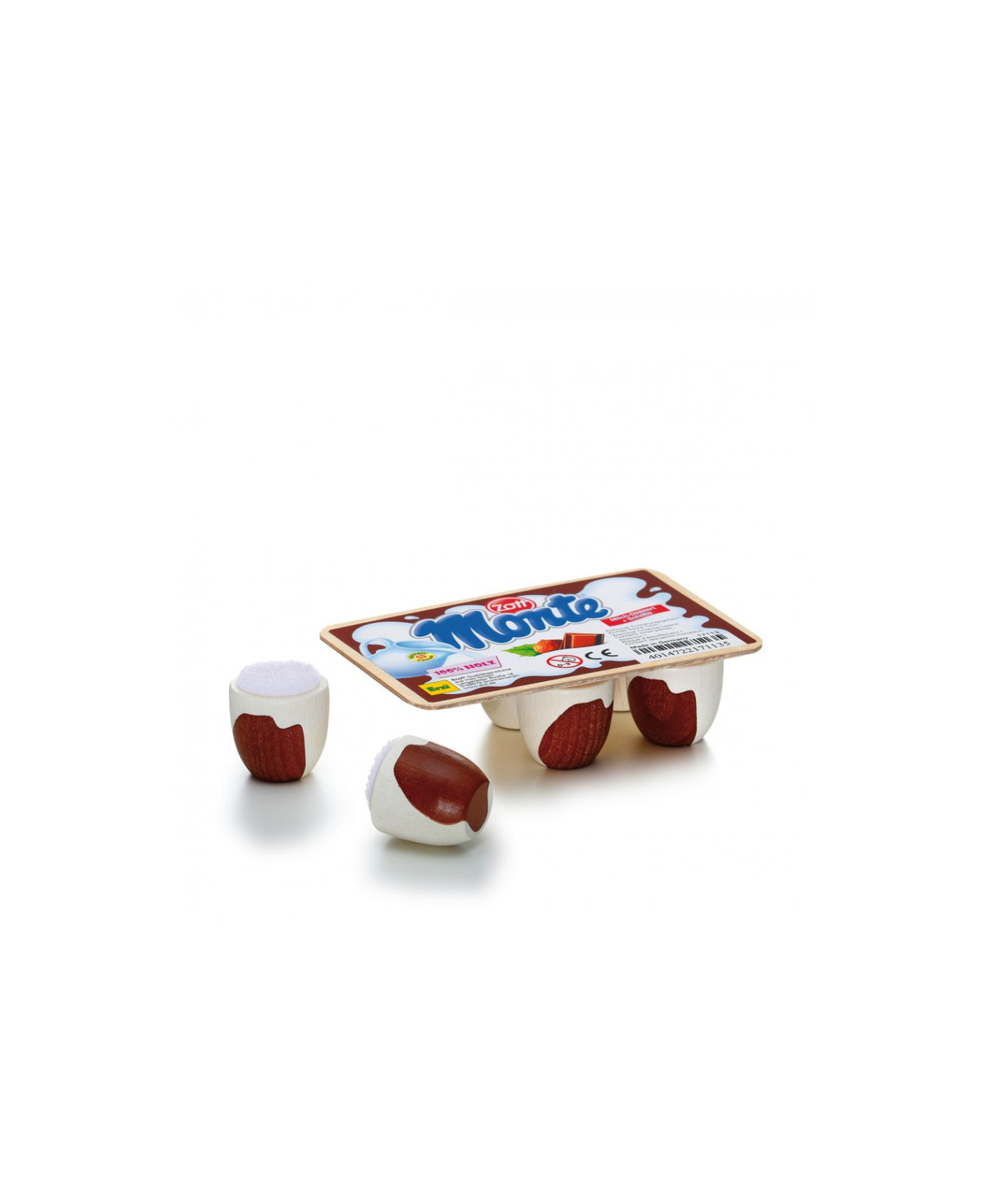 ERZI Monte crème dessert toy set; white cups with brown filling and Monte packaging, Citron Grenadine.