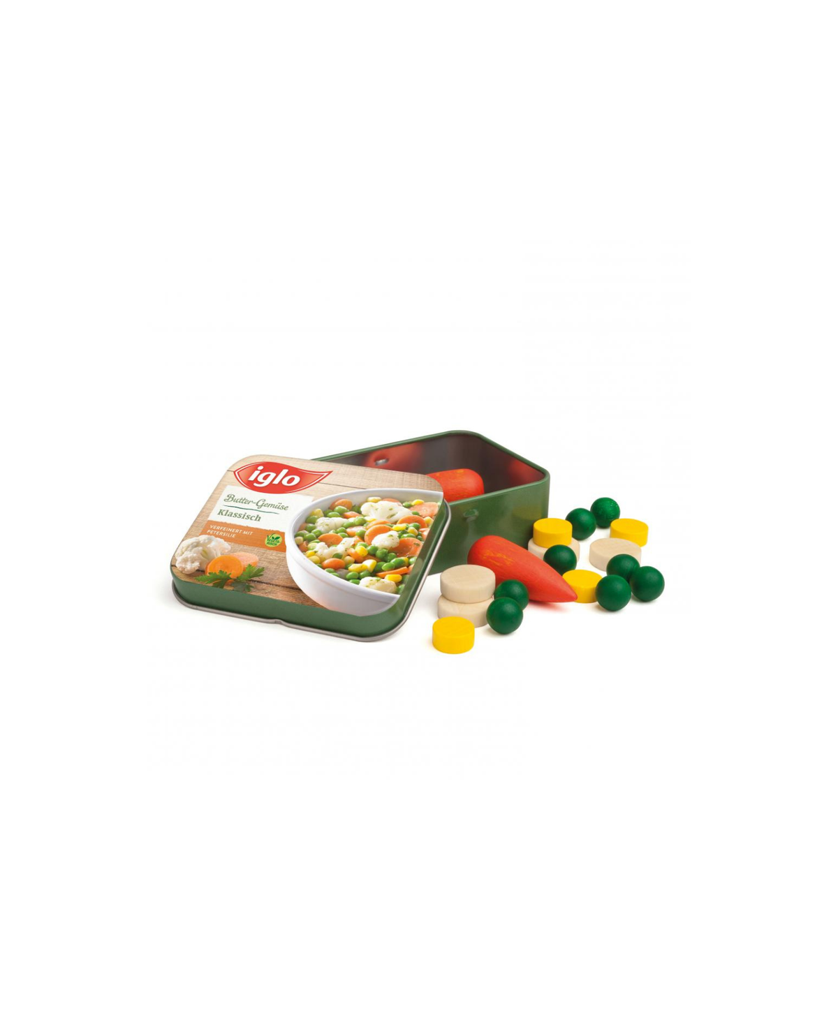 ERZI légumes surgelés +3 ans imitation alimentaire; boîte verte avec légumes jouets colorés, logo Iglo