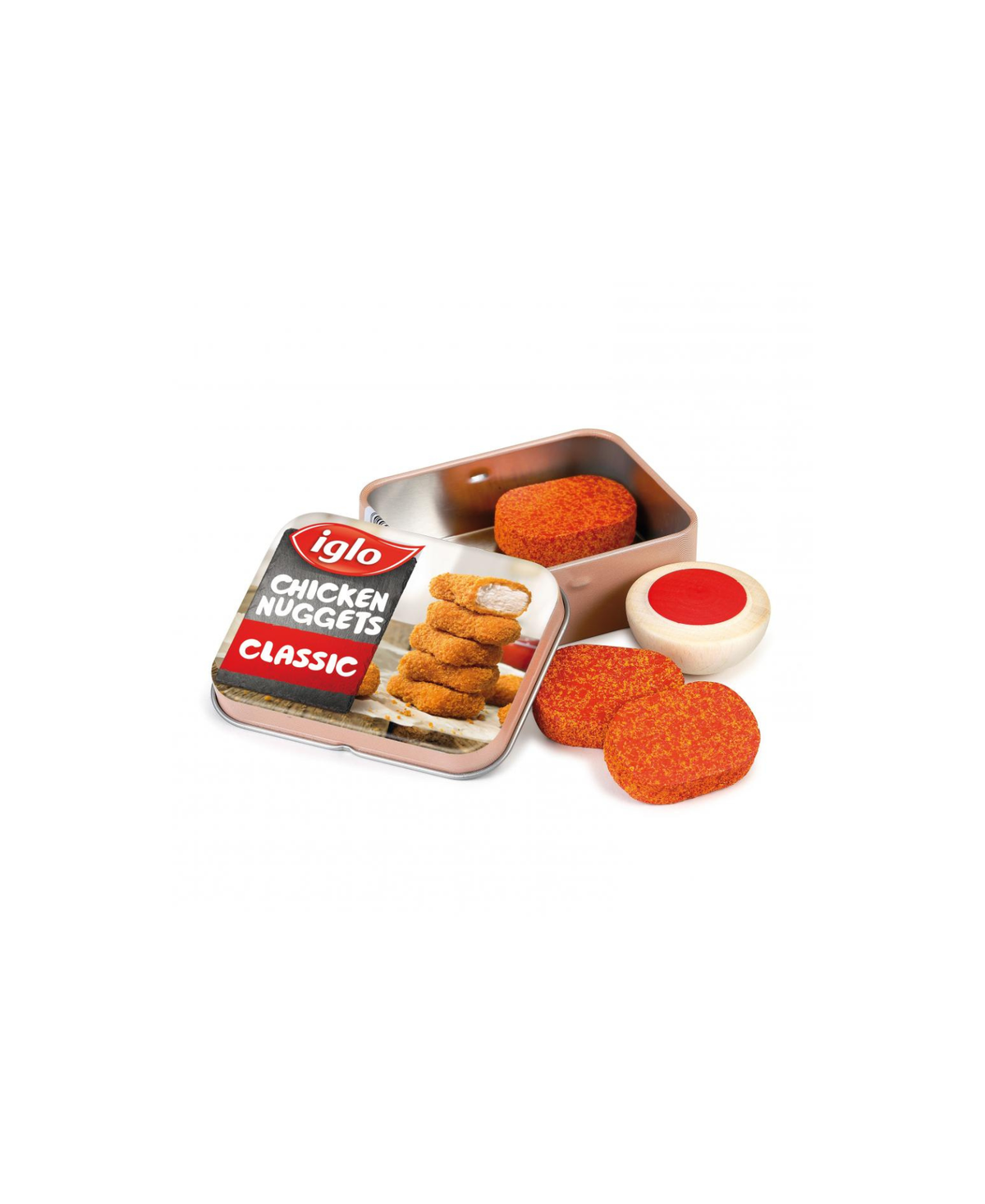 ERZI chicken nuggets play set in tin; orange toy nuggets with Iglo label