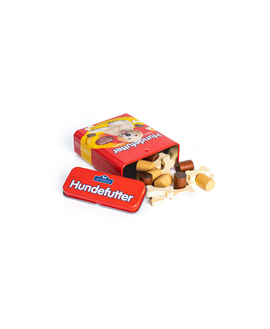 ERZI croquettes chien +3 ans imitation alimentaire; boîte rouge Hundefutter ouverte avec os et croquettes