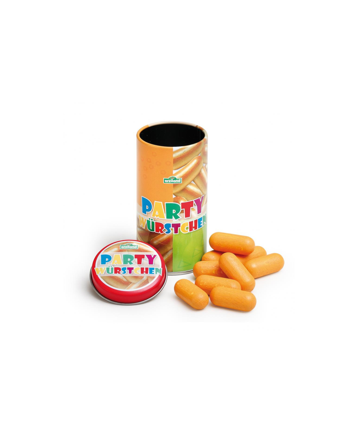 ERZI mini saucisses jouet dans boîte cylindrique orange avec logo ERZI et saucisses orange, imitation d'aliments