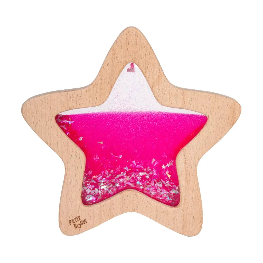 PETIT BOUM étoile sensorielle en bois, rose nébuleux avec paillettes, Citron Grenadine — hochets