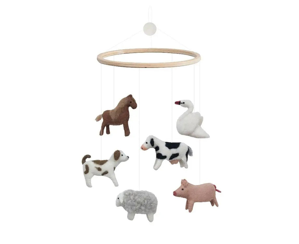 GAMCHA crib mobile with wooden ring and six felt farm animals