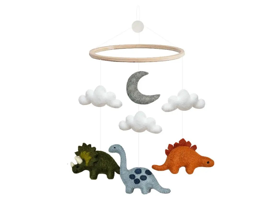 GAMCHA mobile dinosaures pour berceau avec 3 dinosaures, nuages et lune, bois naturel