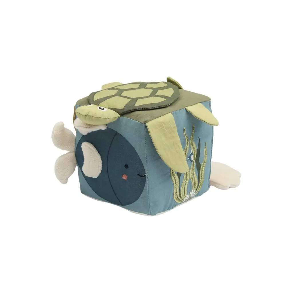 FABELAB cube d'activités mer, cube bébé en tissu bleu avec tortue et algues