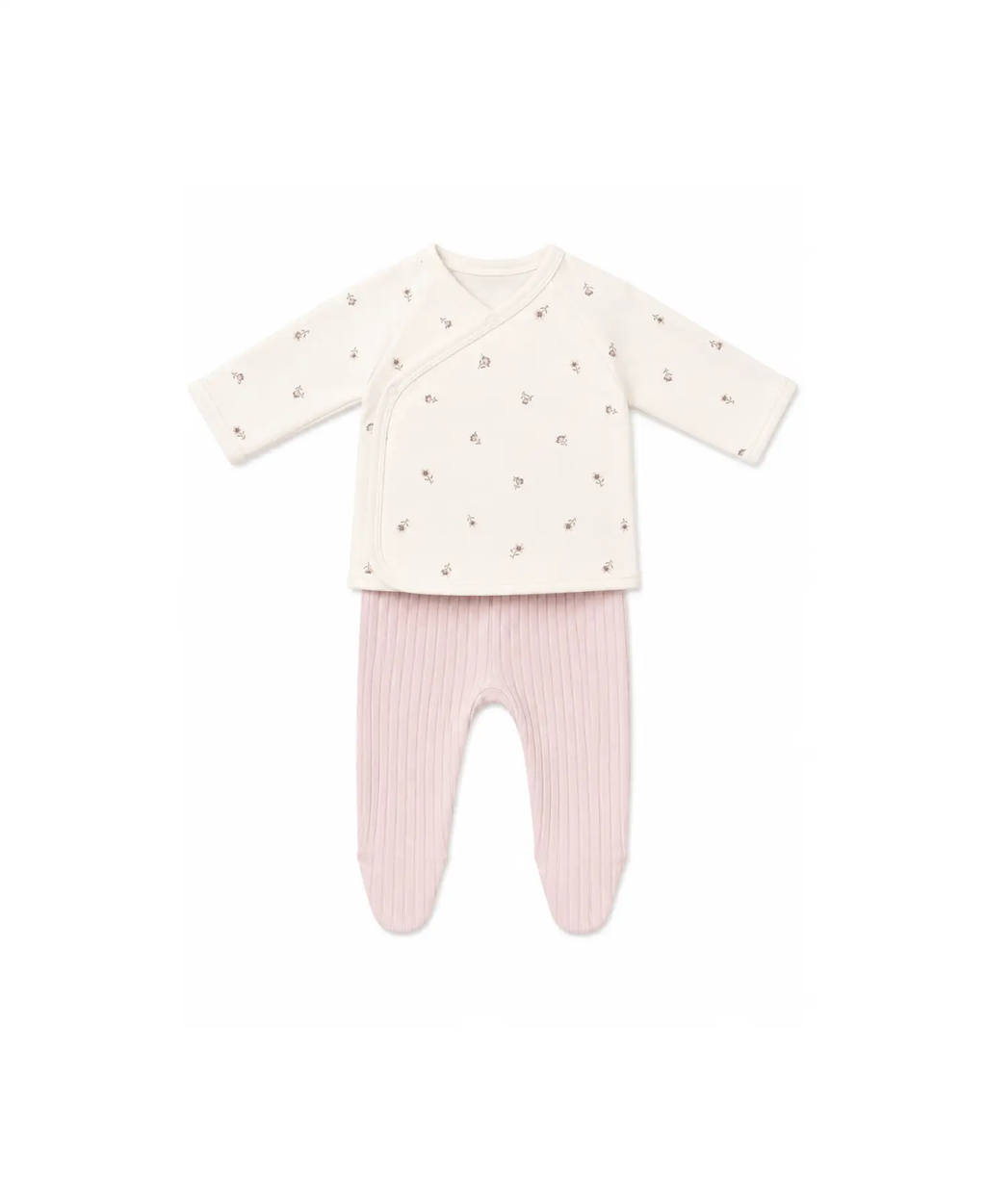 Two-piece baby outfit by Citron Grenadine: white floral wrap top and pink ribbed footed pants