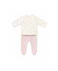 Two-piece baby outfit by Citron Grenadine: white floral wrap top and pink ribbed footed pants