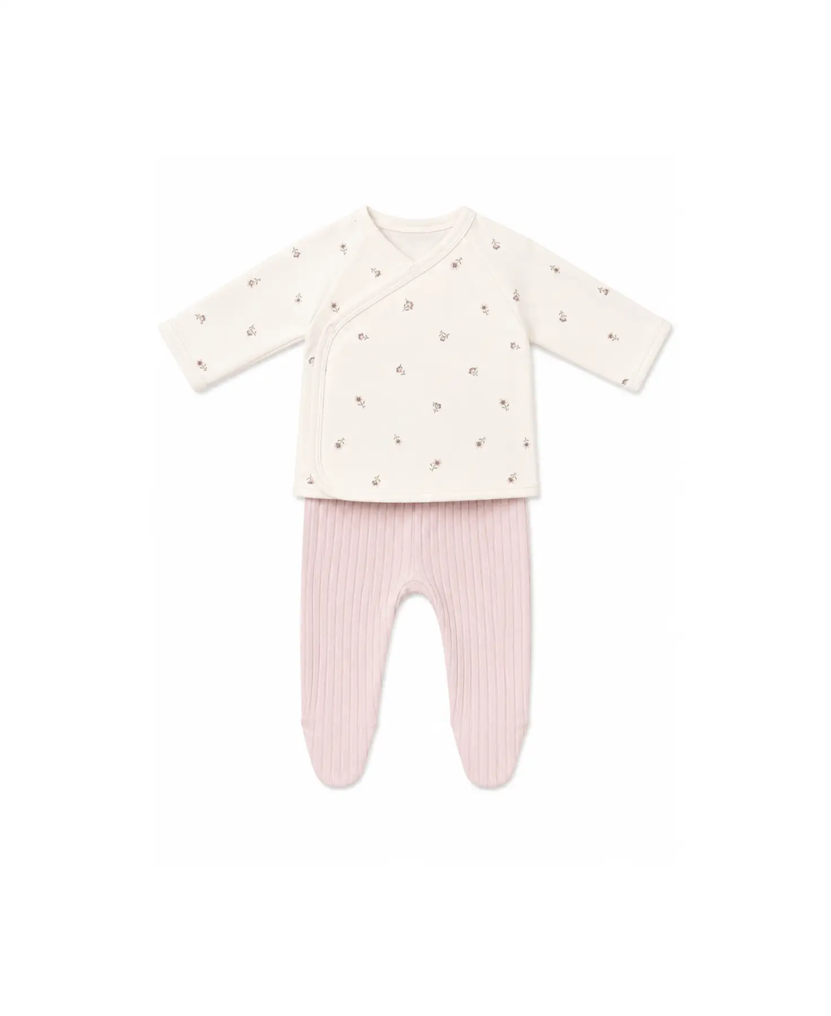 Two-piece baby outfit by Citron Grenadine: white floral wrap top and pink ribbed footed pants