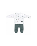 Two-piece baby ensemble by Citron Grenadine: white forest-print wrap top with green striped pants
