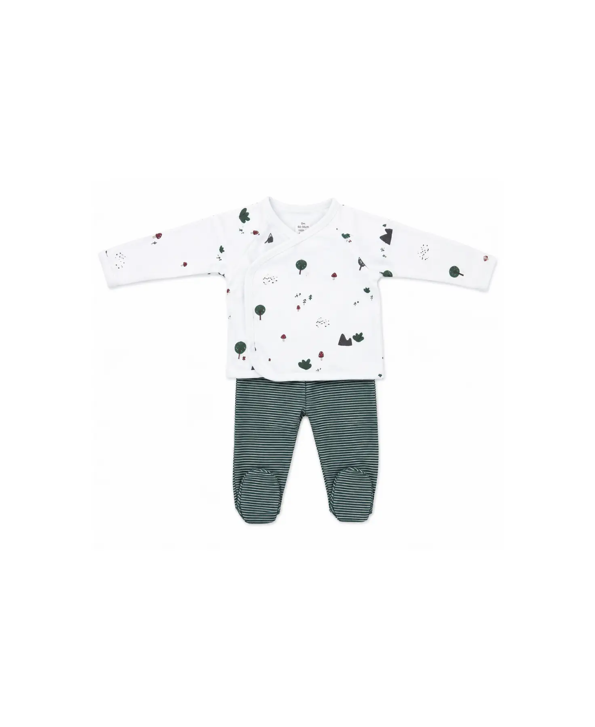 Two-piece baby ensemble by Citron Grenadine: white forest-print wrap top with green striped pants