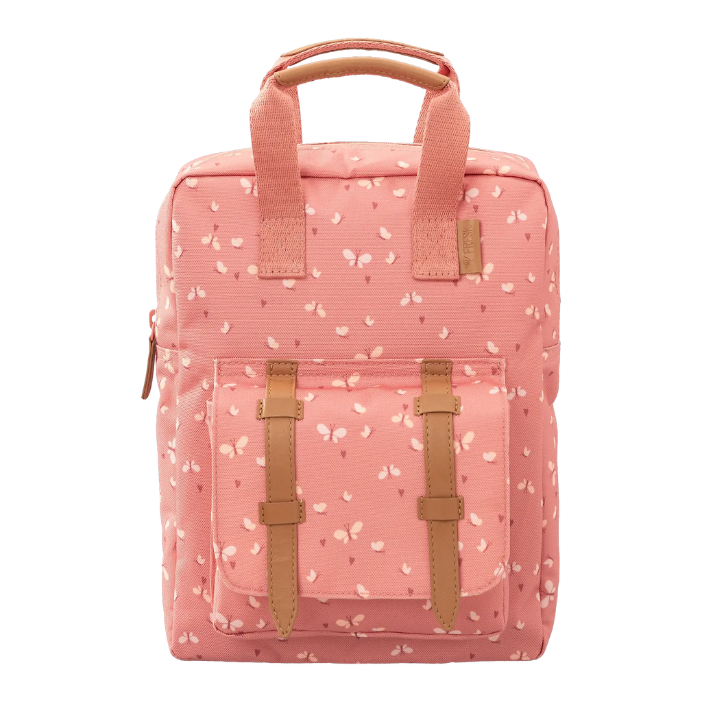 FRESK sac à dos papillon rose; sac scolaire rose avec motif papillons blancs et sangles tan, Citron Grenadine