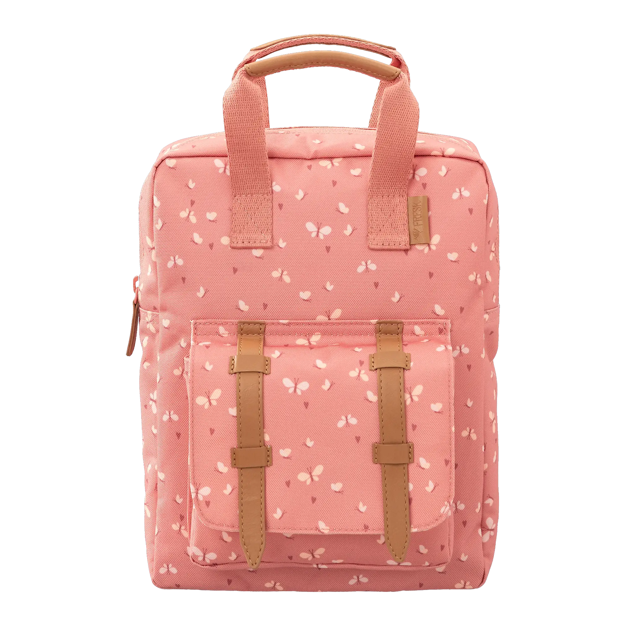FRESK sac à dos papillon rose; sac scolaire rose avec motif papillons blancs et sangles tan, Citron Grenadine