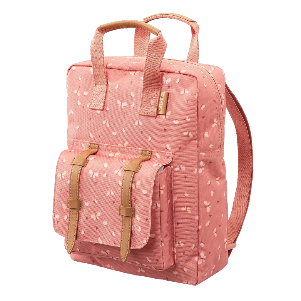 FRESK sac à dos butterfly rose clair avec motifs papillons blancs, bretelles et poignée beige, Citron Grenadine