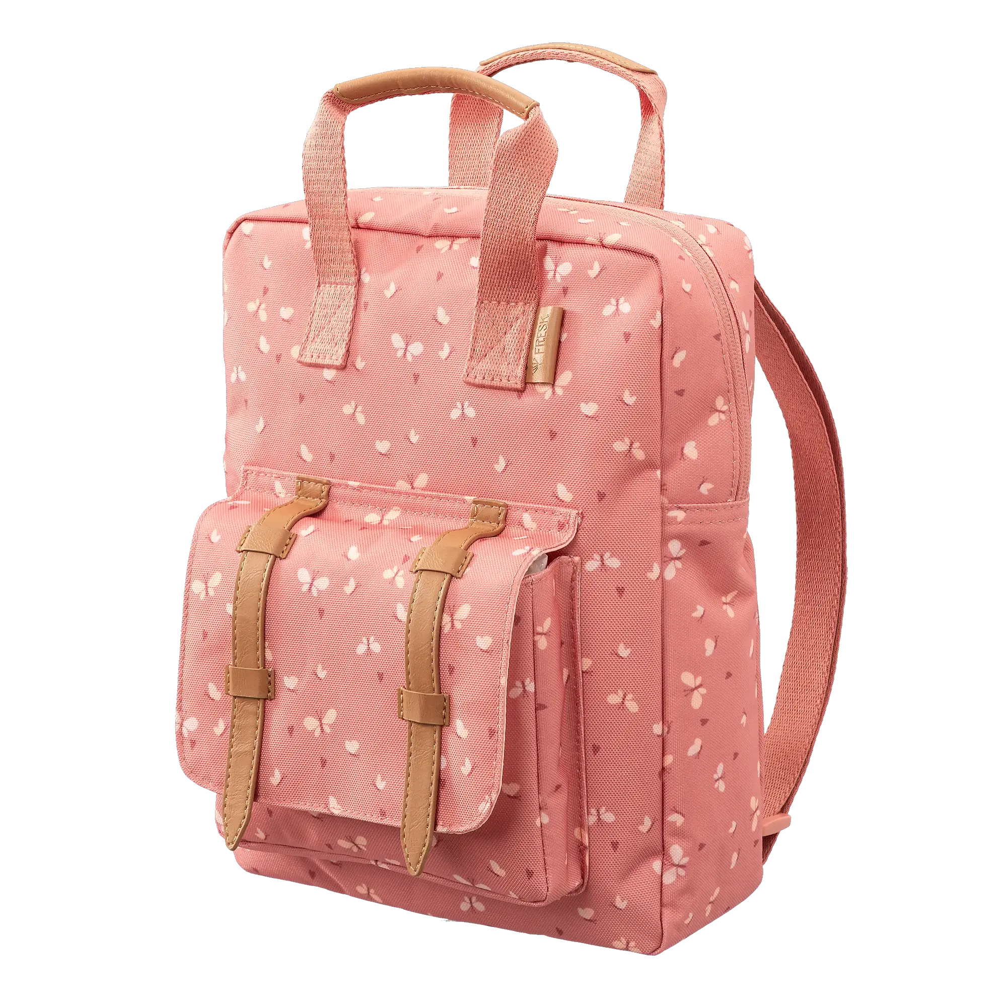 FRESK sac à dos butterfly rose clair avec motifs papillons blancs, bretelles et poignée beige, Citron Grenadine