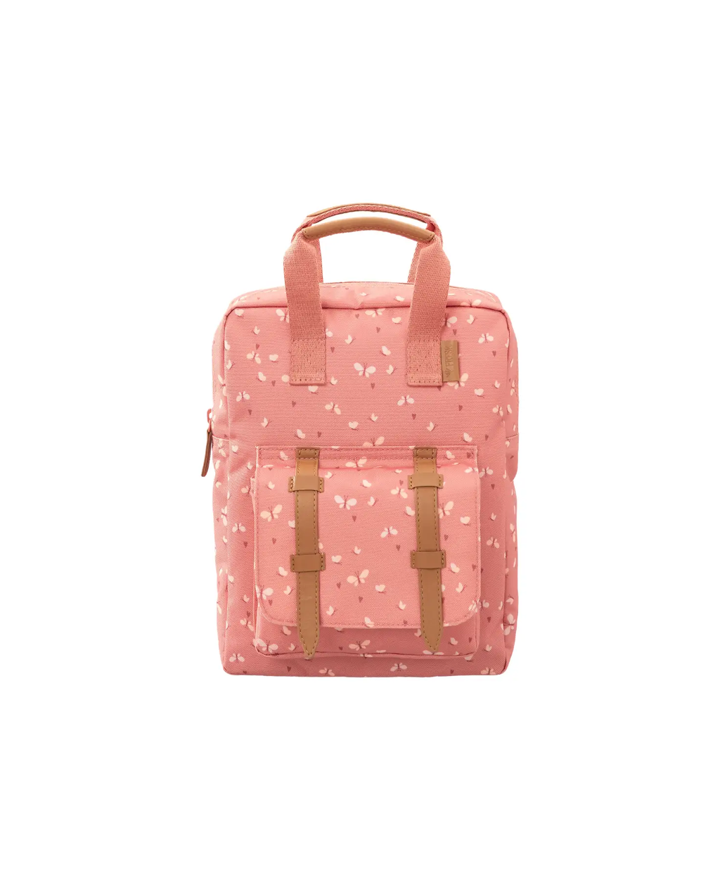 Sac à dos FRESK butterfly rose pastel, motifs papillon, poche frontale et bretelles tan, Citron Grenadine