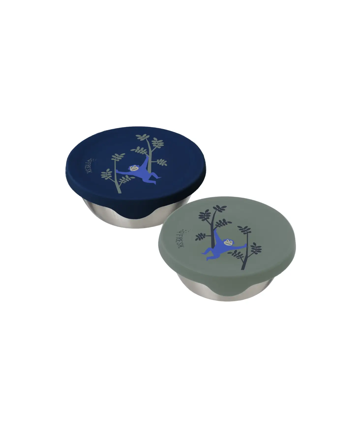 FRESK stainless steel food storage containers with monkey design lids, blue and sage, 2-pack