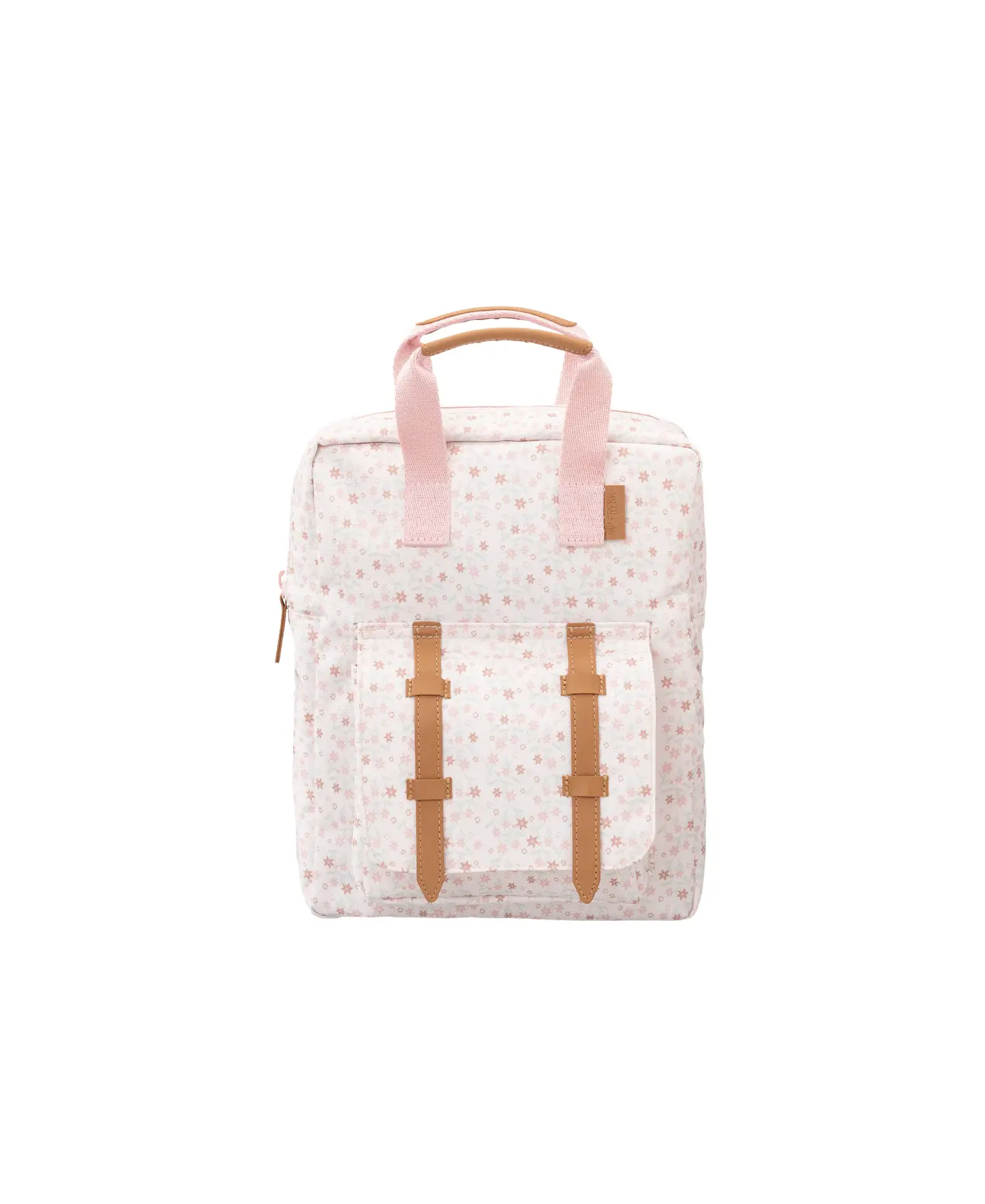 FRESK sac à dos garden flowers, Citron Grenadine, rose pastel à motifs floraux avec bretelles rose et cuir camel