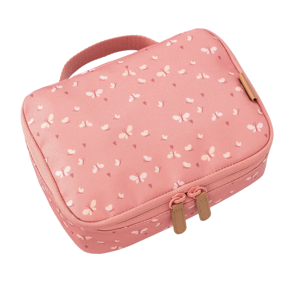 FRESK insulated lunch bag pink with white butterfly pattern and carry handle