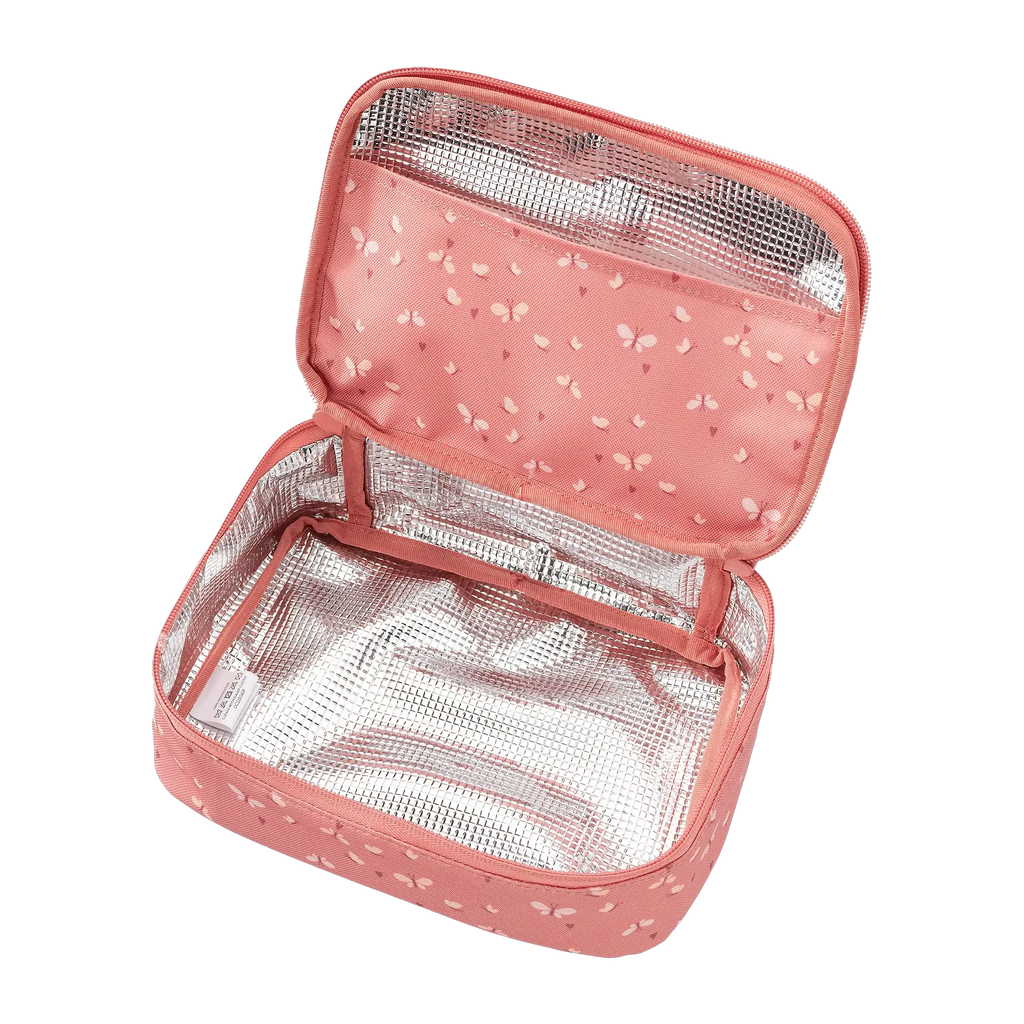 FRESK insulated lunch bag butterfly, pink fabric with white butterfly print, Citron Grenadine