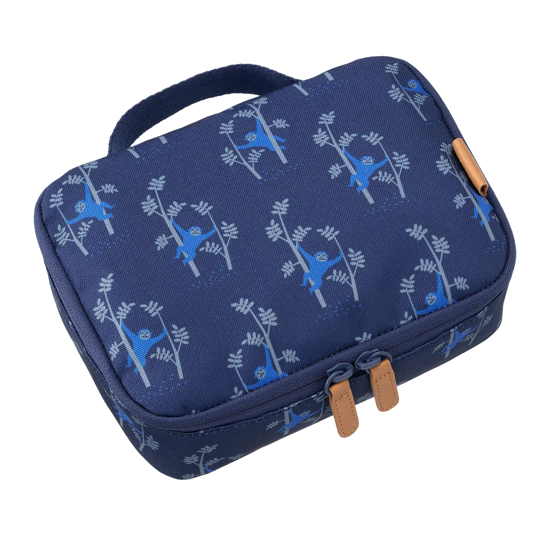 FRESK insulated lunch bag, navy blue with monkey pattern and tan leather zipper pulls.
