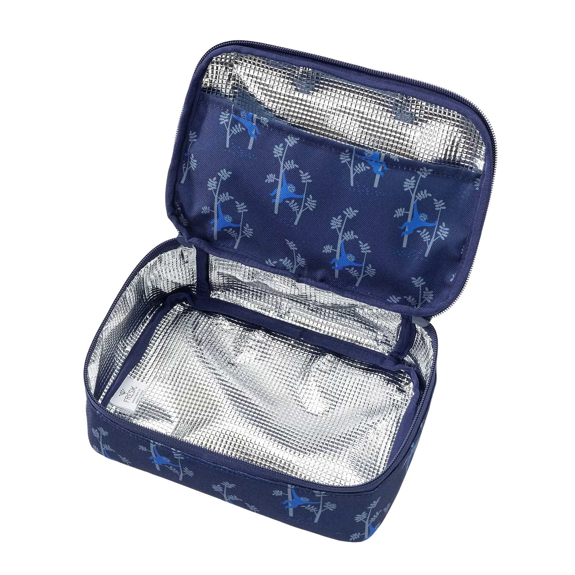 Lunch bag FRESK insulated blue monkey print, reflective silver lining inside; Citron Grenadine label