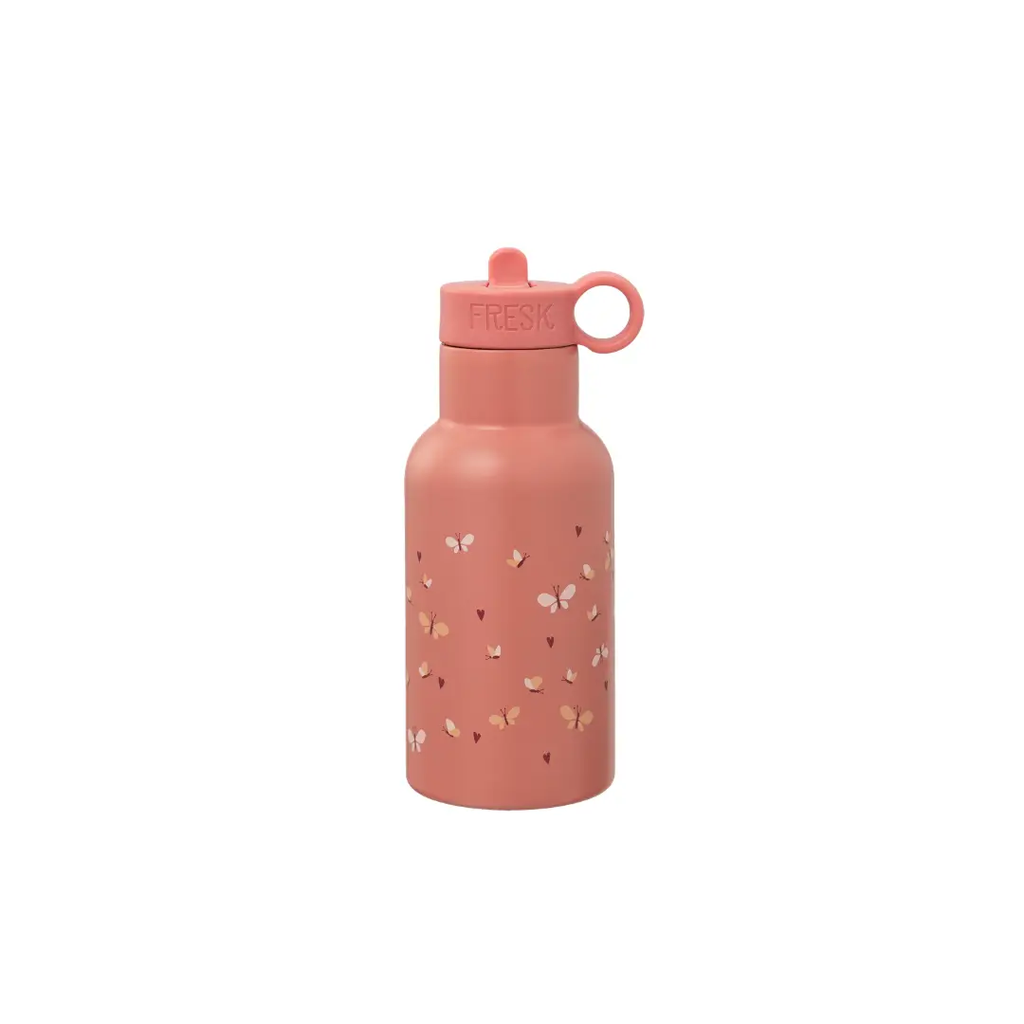 Gourde FRESK 350 ml rose avec motif papillons et bouchon à boucle