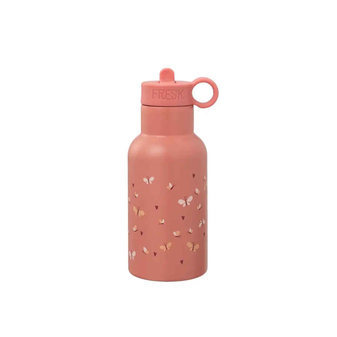 FRESK 350 ml butterfly-pattern water bottle, coral pink with loop-cap