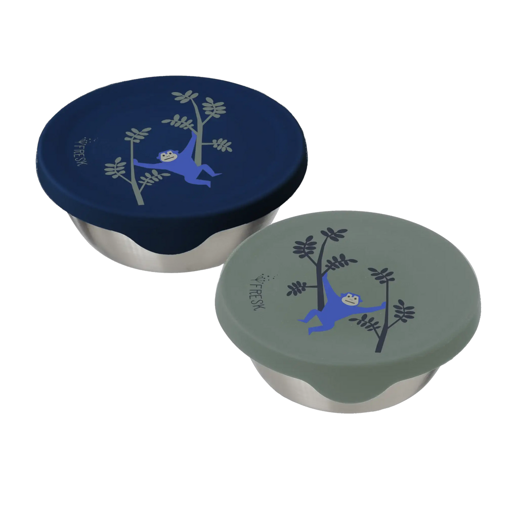 FRESK stainless steel food storage containers set of 2 with monkey-on-tree lids in navy blue and sage gray