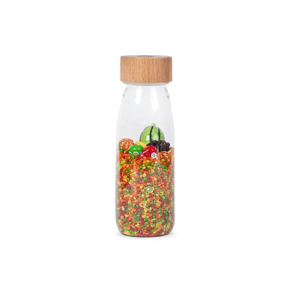 PETIT BOUM bouteille sensorielle fruits, Citron Grenadine, en verre avec bouchon en bois, remplie de billes colorées