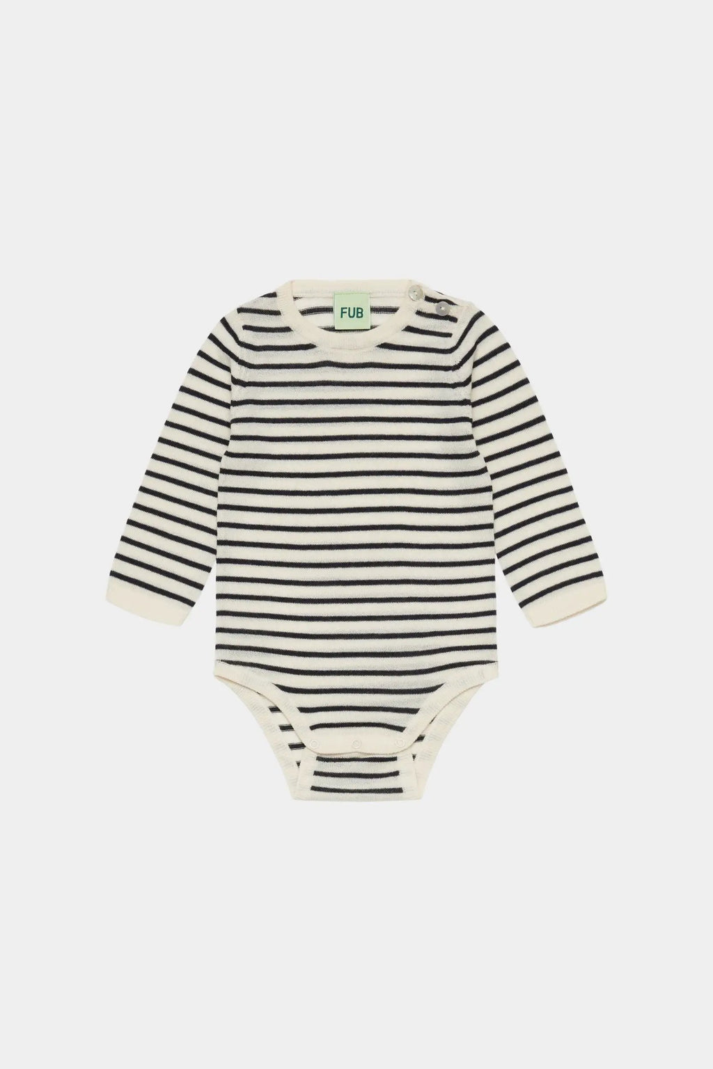 FUB merino baby bodysuit, long-sleeve écru and navy stripes, Citron Grenadine tag visible