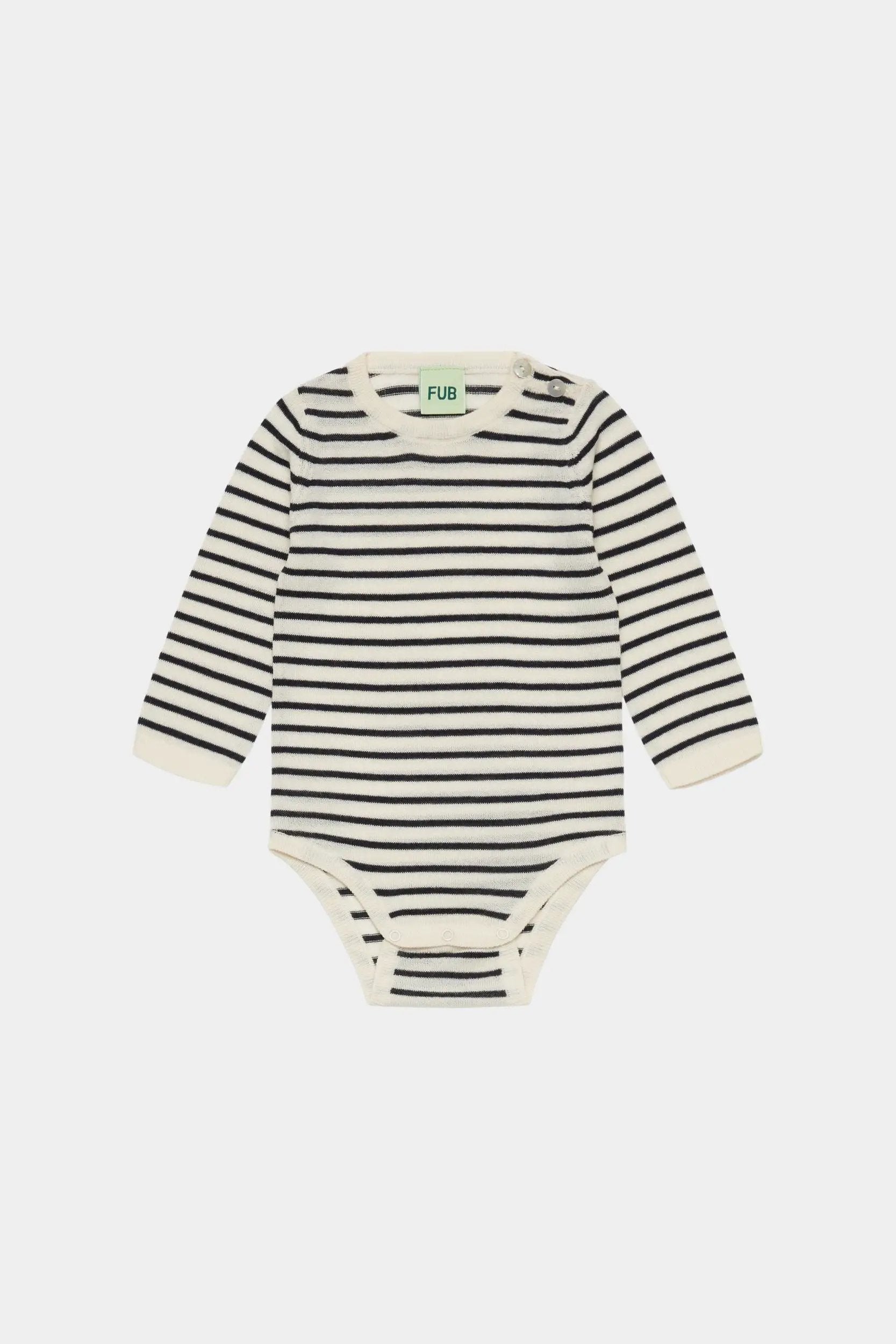 FUB merino baby bodysuit, long-sleeve écru and navy stripes, Citron Grenadine tag visible