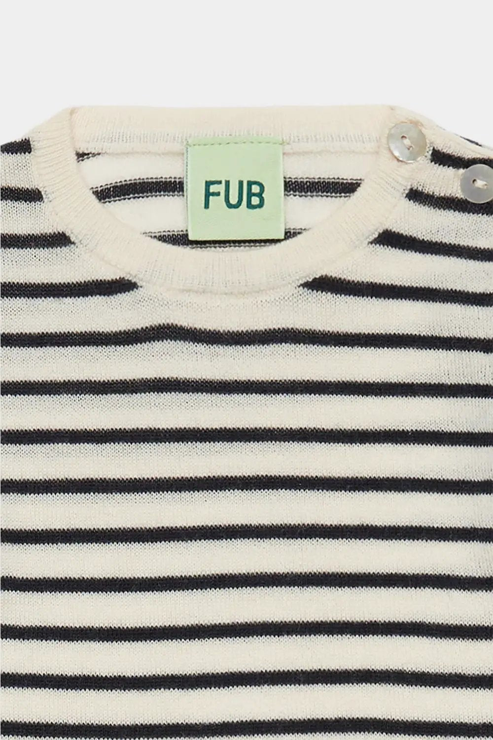 FUB merinos bodysuit in écru–dark navy stripes; knit top with shoulder snaps