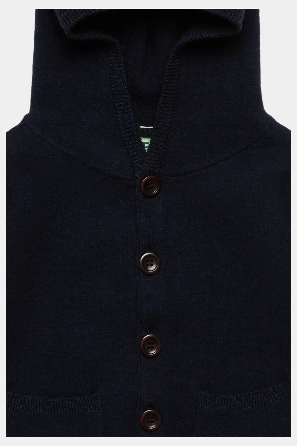 FUB merino cardigan, dark navy, hooded with button front, Citron Grenadine.