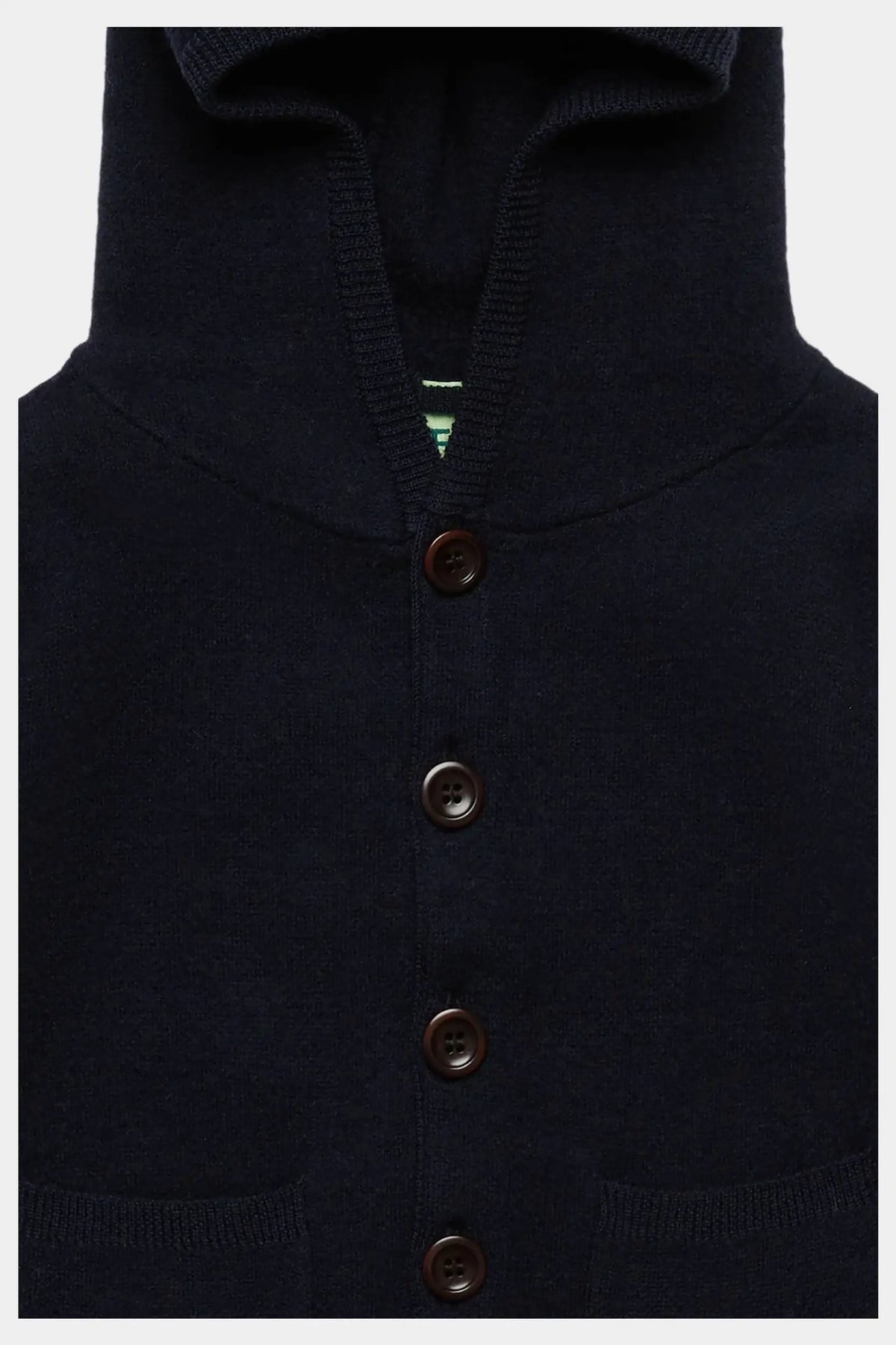 FUB merino cardigan, dark navy, hooded with button front, Citron Grenadine.
