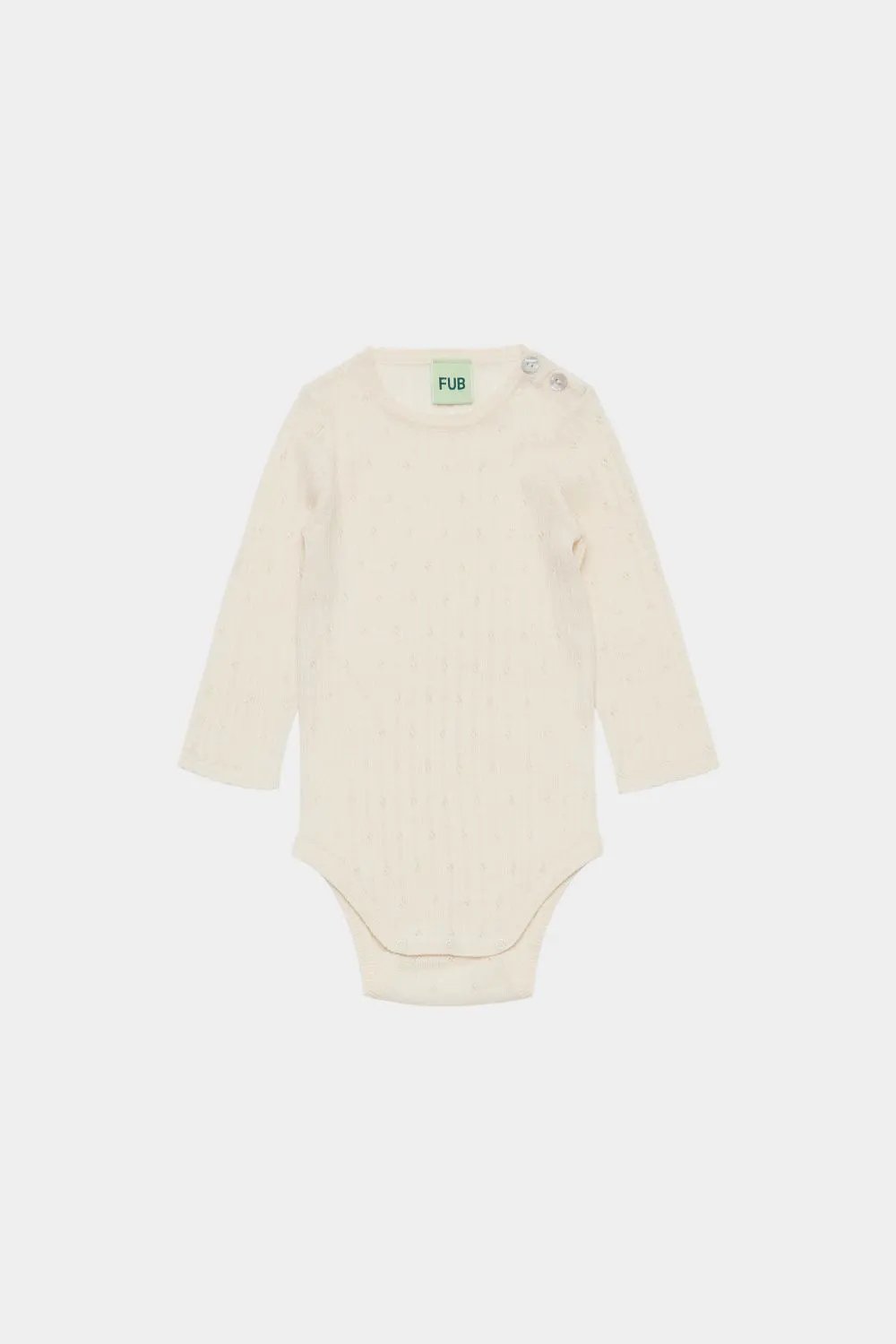 FUB merino pointelle baby bodysuit, écru; ivory knit with shoulder snap buttons